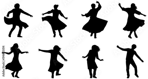 Dynamic silhouettes of people dancing in various poses and outfits