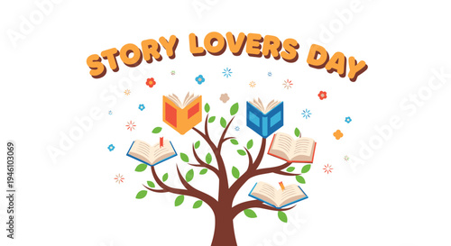 Vector illustration for Story Lovers Day, tree with books and colorful decorations