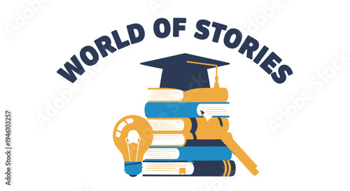 Vector logo of education and literature, stack of books with graduation cap and lightbulb