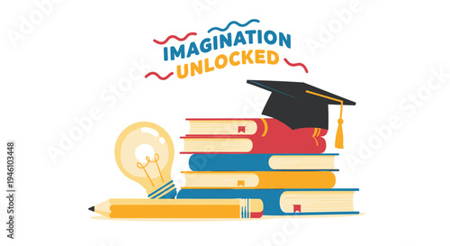 Vector illustration of education icons with books, graduation cap, and light bulb