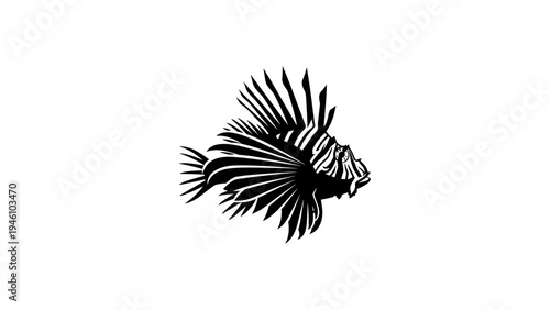 Black and white lionfish silhouette with detailed fin patterns