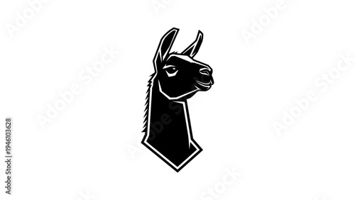 Bold black and white llama head in geometric style on white background