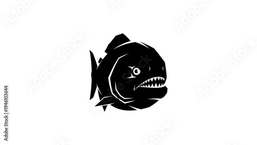 Bold black silhouette of a ferocious piranha on white background