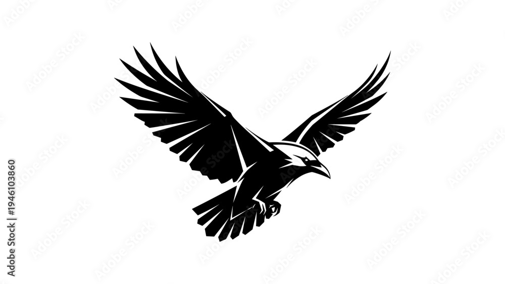 Fototapeta premium Dynamic silhouette of a soaring crow with outstretched wings