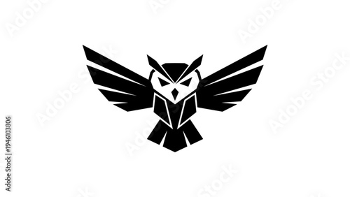 Geometric black owl silhouette with extended wings on white background
