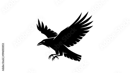 Silhouette of a flying crow with outstretched wings on white background