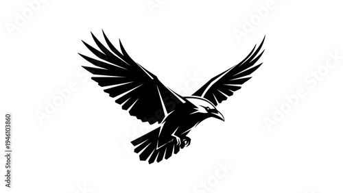 Dynamic silhouette of a soaring crow with outstretched wings