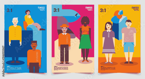 Diverse people illustrations in various colorful settings and outfits standing together