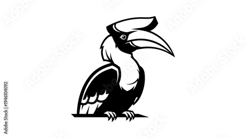 Black and white hornbill silhouette illustration with bold lines and sharp details