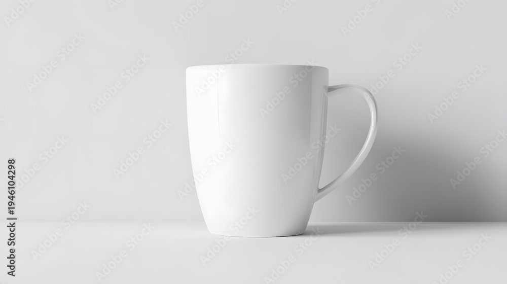 Fototapeta premium Blank white ceramic coffee mug isolated on a light background. Perfect empty mockup template for custom design, logo placement, or branding