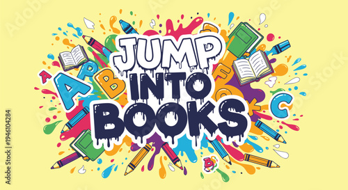 Jump into Books colorful vector illustration