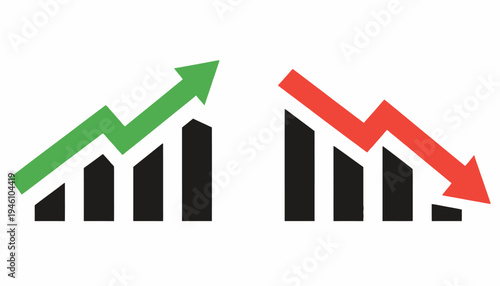 Financial market trends depicted by upward and downward arrows alongside bar graphs symbolizing growth and decline