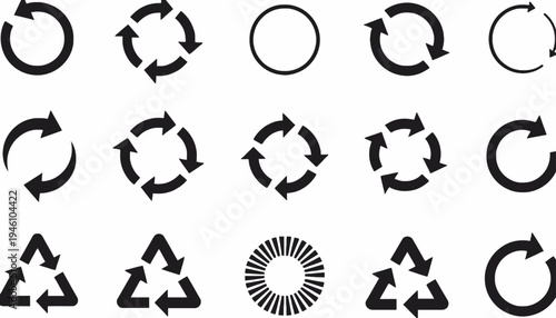 Collection of various circular arrow and recycle icons, representing refresh, rotation, and recycling processes