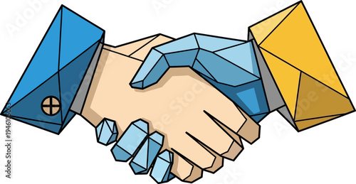Artificial Intelligence and Human Handshake Concept, Digital Partnership and Robotic Cooperation Vector Illustration