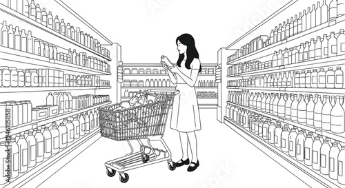 Female Customer in Supermarket Aisle Reading Product Label with Shopping Cart for Grocery Retail Commerce and Healthy Consumer Lifestyle Design