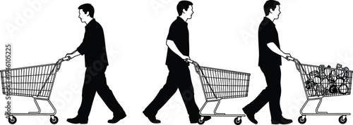 Silhouette Sequence of a Male Customer Walking and Pushing a Shopping Cart with Groceries for Supermarket Retail and Ecommerce Design
