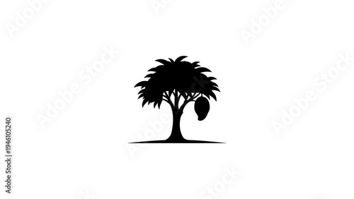 Silhouette of a palm tree with a hanging beehive on white background