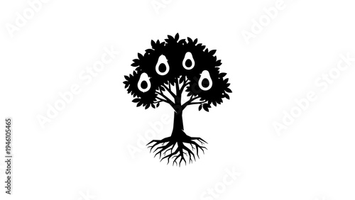 Silhouette of tree with avocado fruits and roots design