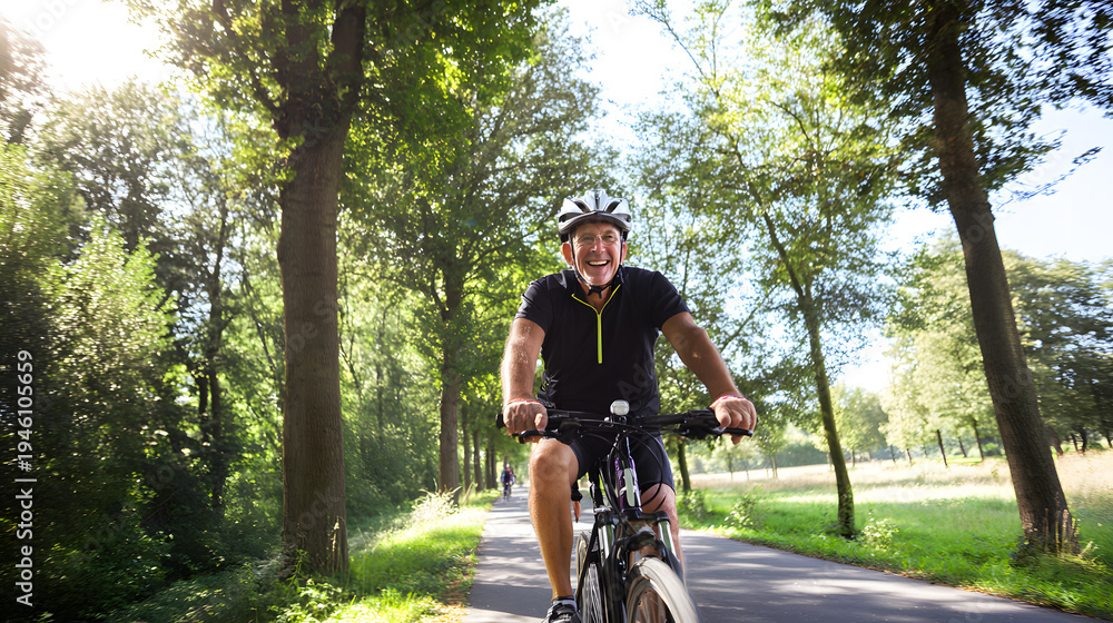 Fototapeta premium Smiling senior cycling on sunny forest path