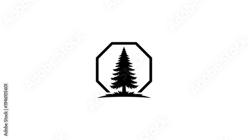 Minimalist evergreen tree silhouette in octagonal frame design on white background