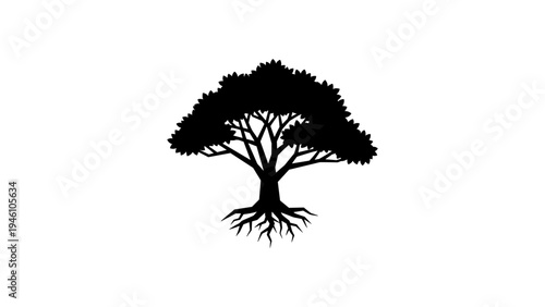 Majestic tree silhouette with spreading roots on white background