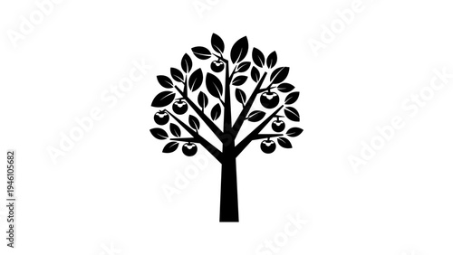 Silhouette apple tree with leaves and fruits on white background