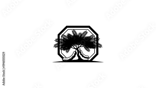Stylized bonsai tree silhouette in geometric frame design