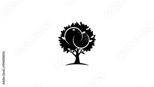 Minimalist black tree with moon and sun design concept on white background