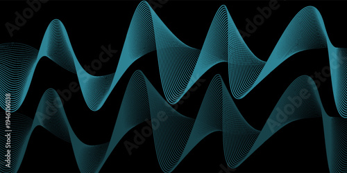 Abstract blue wavy lines of the sound wave. Dynamic gradient pulsating wave. Musical neon concept, symbols of the frequency of digital music. Vector illustration on a black background