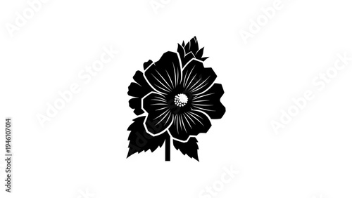Elegant silhouette of a hibiscus flower with leaves in black and white design