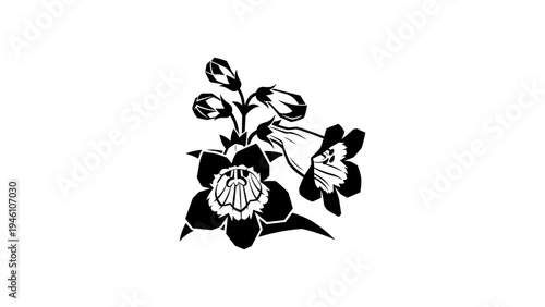 Elegant black and white floral silhouette design with blossoming flowers
