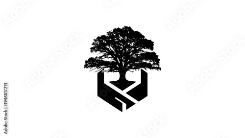 Elegant tree in protective hands silhouette design