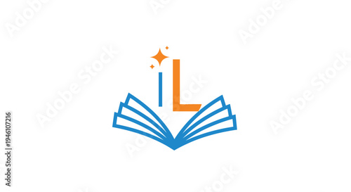 Modern open book with initial L and sparkling star icon, symbolizing education, knowledge, inspiration, and learning