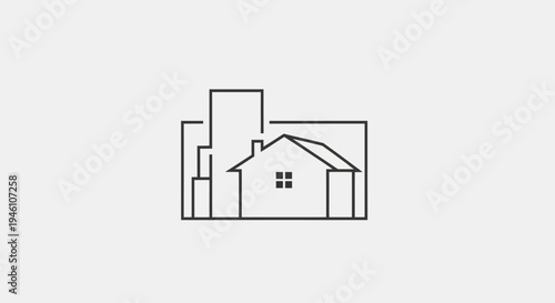 Minimalist Line Art House Icon with City Buildings Background. Urban Real Estate, Property, and Home Ownership Concept.
