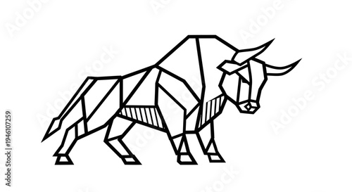 Geometric bull illustration, stylized polygonal cattle design, powerful animal symbol in black and white low poly modern art