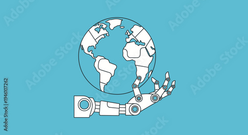 Robotic Hand Holding Planet Earth Vector Illustration, Global Technology and Automation Concept, Digital Future and Innovation Graphic