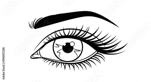 Stylized Black and White Human Eye Illustration with Cracked Pupil and Long Eyelashes, Vision Concept