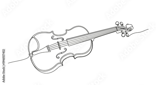 Continuous one-line drawing of a classical violin music instrument. Minimalist single line art illustration on white background.