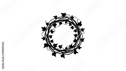 Elegant circular ivy design with swirling vines in black silhouette