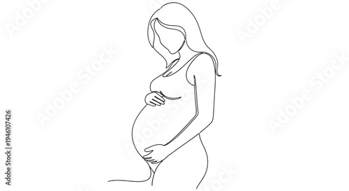 Minimalist continuous line art drawing of a pregnant woman gently holding her baby bump. Motherhood and new life concept.