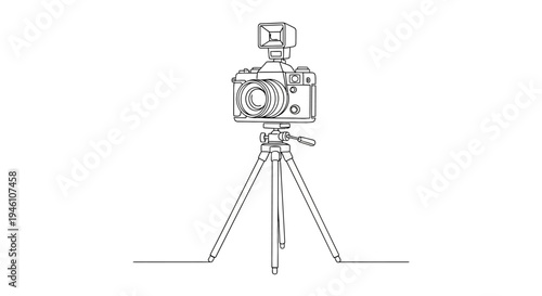 Line art illustration of a professional digital camera on a tripod with an external flash. Minimalist vector outline drawing for photography concepts.
