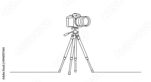 Continuous one-line drawing of a modern digital camera with a lens mounted on a tripod, symbolizing photography hobby or profession.