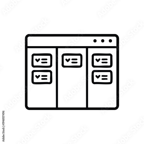 Kanban board interface black and white vector icon for office project management and education planning
