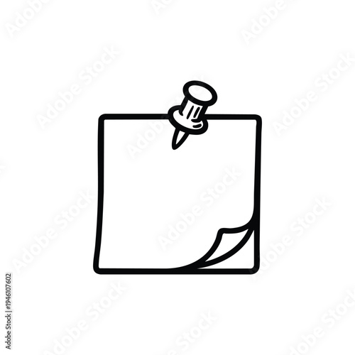 Sticky note with push pin black and white vector icon for office and education