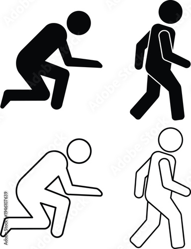 People icons in black and white colors showing various body positions and movements Vector