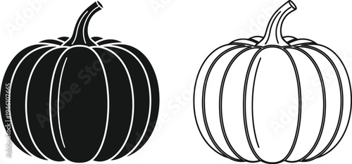 Two pumpkins illustration: black and white sketch of halloween pumpkins, vector art Vector