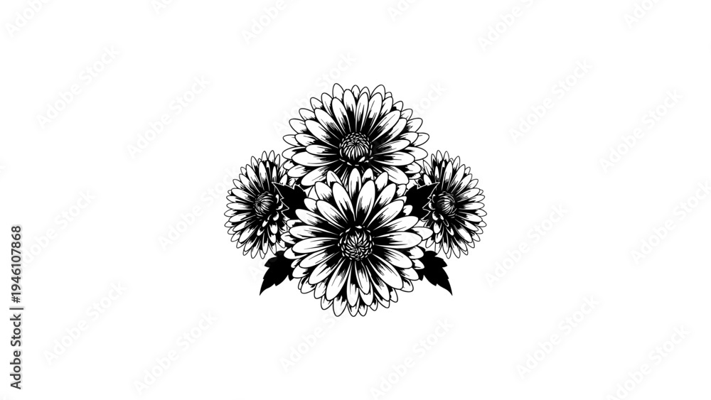 Fototapeta premium Intricate floral design with detailed black and white chrysanthemums on white background