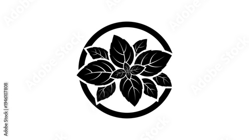 Elegant black leaf silhouette with circle frame design in monochrome style