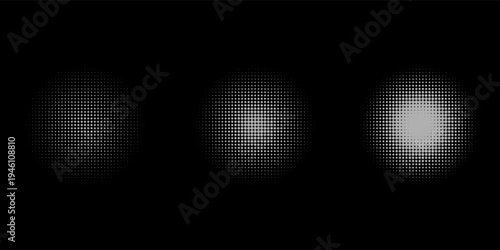 Halftone gradient circles collection. Dots textured round patterns. Cartoon comic radial faded background set. Abstract pixelated elements for frame, poster, collage, banner, flyer. Vector bundle