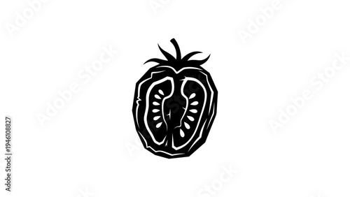 Black and white silhouette of a sliced tomato on white background